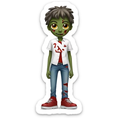 A Zombie With One Shoe On And One Shoe Off Named Zobie With A White School Shirt With Red Accents And With The Letter Z On It And Long Pants. | Photo 1 sticker