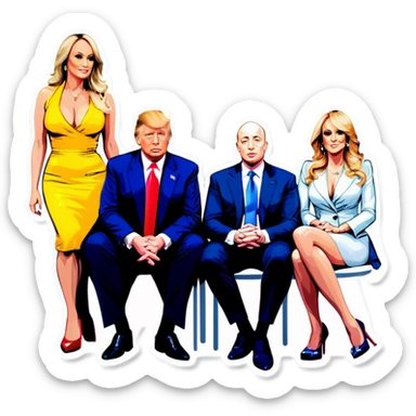 Four people, Trump, Stormy Daniels, Musk, and Bezos, side-by-side, sit sticker