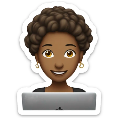 mujer, de piel trigueña, pelo negro y largo, ojos marrones, saludando con un mano y sonriente. tiene una laptop sticker