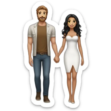 sexy tall man with brown hair and beard, holding hands with a short, voluptous woman with long black hair. sticker