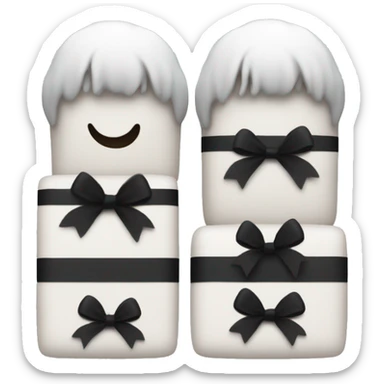 3 presents, 2 of them next to each other, than the biggest one behind them. And the present is white with a black ribbon  sticker