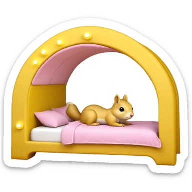 The features a bed themed as a large, cheerful, yellow squirrel. The squirrel's head forms an archway over the bed, with large black eyes, a small pink nose, and prominent white cheeks. The bed frame and arch are bright yellow with integrated yellow LED lighting running along the curves.  sticker