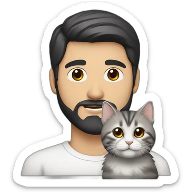 Uzbek white guy with beard and short black hair and brown eyes carrying a mostly grey and little bit of white Siberian cat sticker