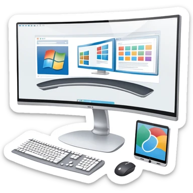 Create an emoji for UX/UI design. Show large curved monitor displaying windows with UX/UI design HTML program interface. Include a mouse, keyboard, and stylus next to the screens. Use modern, professional colors. Do not include any emojis or smiley faces. Make the background transparent. sticker