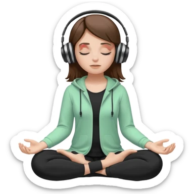 White girl, brown hair meditating with headphones on and black and pastel green clothes, eyes closed sticker
