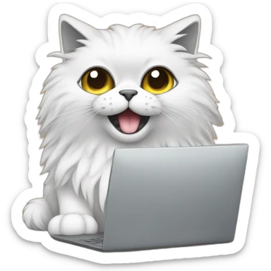 fluffy cat black and white near the computer sticker