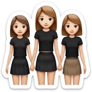 emoji of a girl with long, straight light brown hair, fair skin, soft brown eyes. Wearing a stylish black top and mini skirt. Full-height, standing confidently with shoulders back, head up, smiling proudly. Surrounded by 3men and one woman next to her, holding hands. sticker