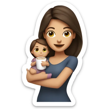 Brunette girl with baby in one hand and cup of coffee in other hand sticker