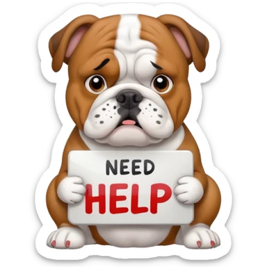 English bulldog holding a 'need help' sign, emoji style sticker
