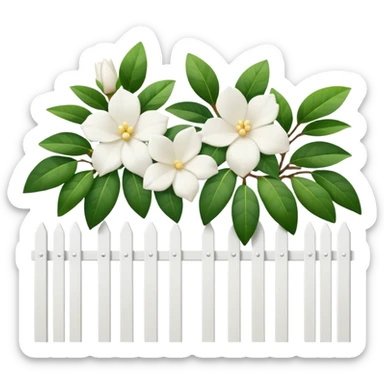 White fence with white gardenias growing in front of it sticker