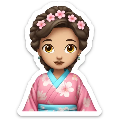 cute brunette girl with blue eyes in pink flower kimono sticker