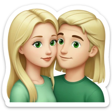 Smiling kissing couple of blonde girl with long hair green eyes and boy with black short hair and green eyes sticker