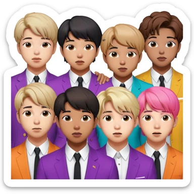 Cinematic Realistic group portrait of BTS featuring all 7 members in stylish modern attire, with detailed facial expressions and vibrant colors, captured in dynamic, contemporary lighting that emphasizes their global pop icon status sticker
