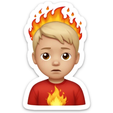 small child sitting sad with flames and burning street behind, apple style emoji sticker
