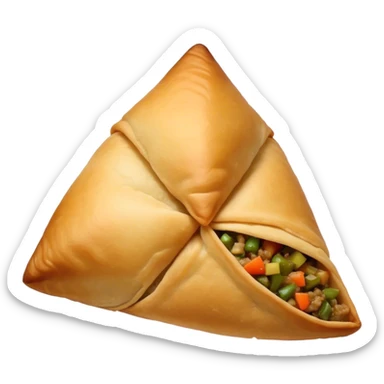 Samosa Cinematic Realistic Samosa Snack Emoji, depicted as a crispy, golden triangular pastry filled with spiced vegetables or meat, rendered with rich textures and vibrant, appetizing lighting. sticker