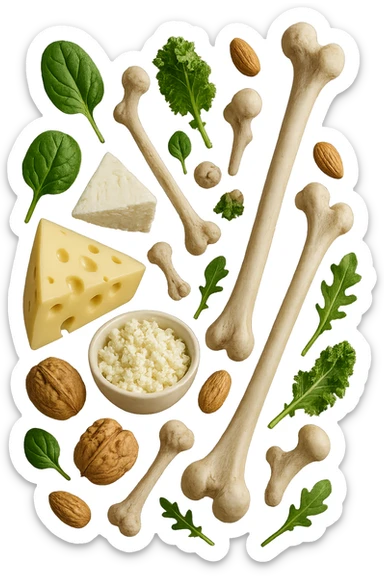 latticini, verdure a foglia verde, frutta secca fluttuano in aria insieme ad ossi umani realistici, iperrealistici 4k sticker