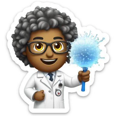 cartoon scientist with wild hair, wearing a lab coat and goggles holding a baseball hitting spray chart sticker