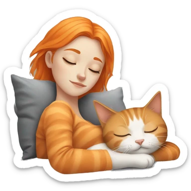 sleeping girl orange hair laying next to grey cat sticker