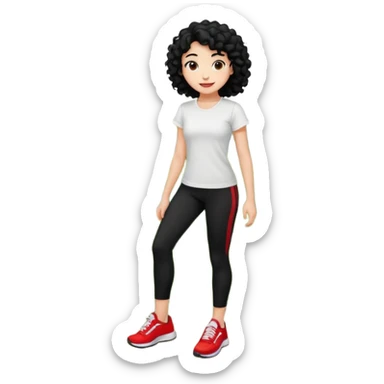 generate a pretty bratz fair skinned girl with curly black hair wearing a white tshirt trekking on a hill road with red sneakers on and black leggings.  Put a hill behind her sticker