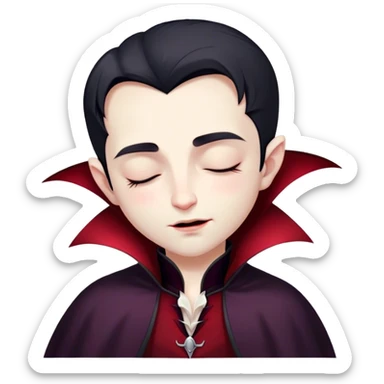 Meme-Worthy Cute Sleeping Vampire Portrait Emoji, with a refined, small, pale face softened by closed, serene eyes and a slight, peaceful smile, adorned in miniature elegant dark attire with a hint of fading crimson, simplified yet irresistibly adorable, highly detailed with a soft ethereal outline that captures the drowsy charm of a vampire in quiet nighttime slumber! sticker