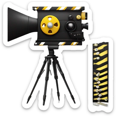 A black and yellow film reel, clapperboard, and movie camera. sticker