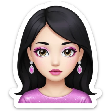 asian long black hair silver grey eyes glossy lips glittery white and pink eyeshadow girl sticker