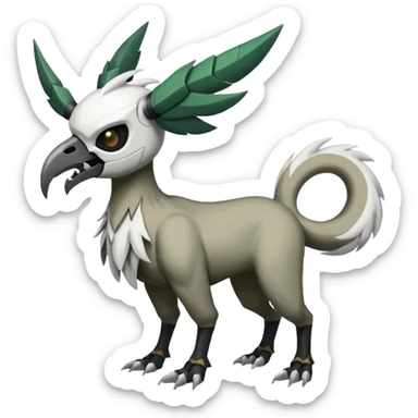 Shiny Black Grey White and Dark-Green Trico-Skarmory-Silvally-Skiddo-Sprigatito-Absol-fusion (full body) with and edgy white horned skull mask face sticker