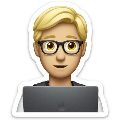 blonde male with glasses hiding behind mac laptop sticker
