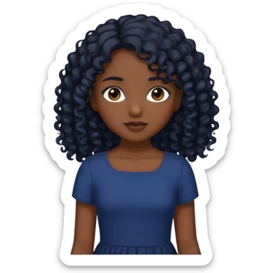 A girl with dark brown eyes Long curly black hair, slightly lighter than brownish black Navy blue dress sticker