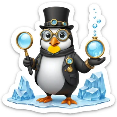 a steampunk engineer penguin analysing a matrix-like data stream descending from the sky, with a magnifying glass on top of an iceberg sticker