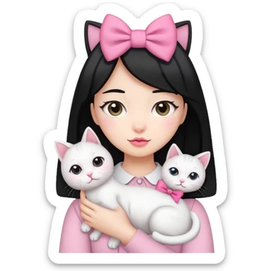 A gurl black hair with pink bow holding one white cat sticker