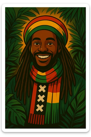 “Create a powerful illustrated portrait of a smiling man with long dreadlocks, wearing a colorful red, gold, and green knitted tam. The background has jungle leaves and warm lighting. Style: vibrant digital art, modern, bold lines, reggae vibe. With a Amsterdam colour scarf around his neck I gave a idea sticker
