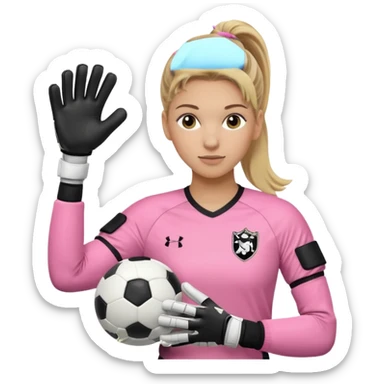 Make a dirty blonde football goalkeeper with goalkeeper gloves on. light skinned and wearing a light pink football kit. Wearing one ponytail on back of head. Make it without the whole body. With full sleeves. No RUGBY BALl.  BLACK AND WHITE BALL.  Holding the ball regularly sticker
