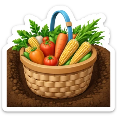 A 3D cartoon basket filled with fresh farm produce like carrots, tomatoes, and corn, placed on soil ground, soft natural lighting, Memoji-style texture. sticker