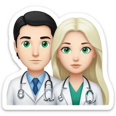 White guy with blue eyes and white girl with long black hair and green eyes. Doctors sticker
