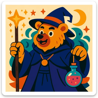 a person transformed into a bear, dressed as a witch, with a pointed hat and magical accessories, creative style sticker