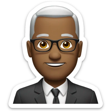Dwayne Hunter  with small round face and suit and glasses and buzz cut and small black eyes and small gray beard and small black eyes and wrinkled forehead sticker