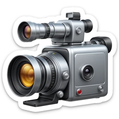 Minimal emoji icon of a huge cinematic metalic camera, front view, realistic lens, no gold sticker