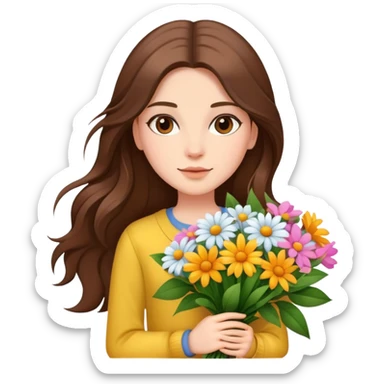 cool girl with long brown hair and fair skin holding a bouquet of flowers, trendy sticker