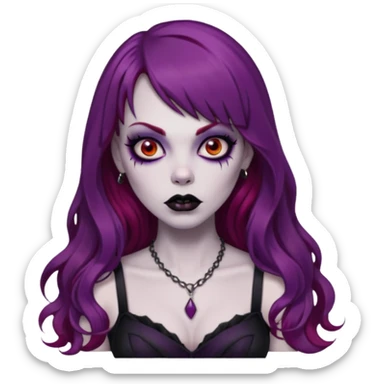 vampira gótica zumbi de cabelo longo e vermelho quase roxo e franja e roupa com decote e batom preto sticker