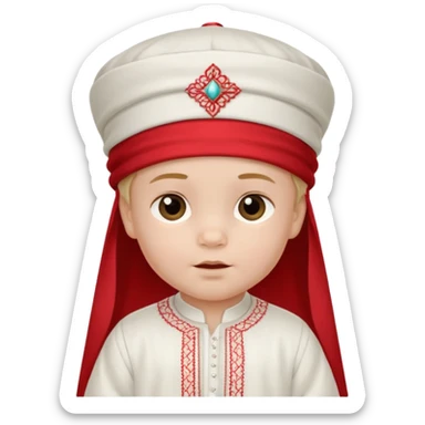  baby boy dressed in wight ghalibiya with delicate decorations with a red Moracain hat  sticker