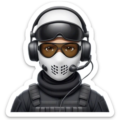 Futuristic special forces soldier wearing a white full-face balaclava, black wraparound sunglasses, and a high-tech military headset with a microphone. Dressed in a dark tactical uniform with modern combat gear. The lighting is dramatic, emphasizing a sleek and professional covert operative look. sticker