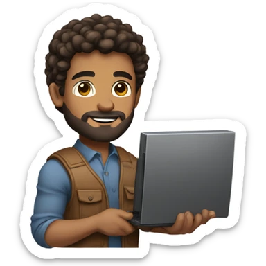 men holding his computer in hands. light brown skin men with curly dark brown hair, brown eyes, little grown beard. ust a tiny bit muscular. dressed casual. round face. sticker