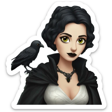 the morrigan goth woman version vines style furr robe stylish boots, perfect eyes, raven on hand, green vines decor on ground sticker