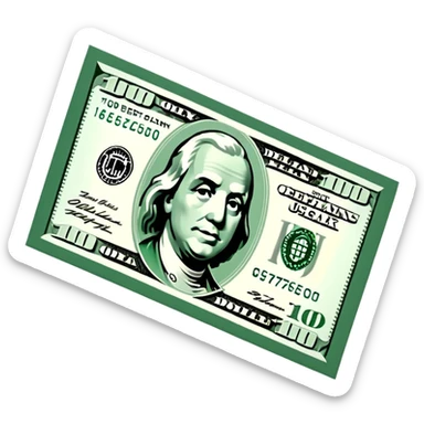 3D realistic US 100 dollar bill sticker, slight perspective, centered, clean cutout, transparent background, no text, no watermark sticker