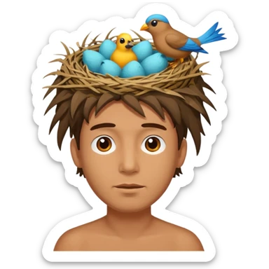 Man who has a birds nest on top of his head for hair sticker