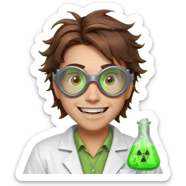 mad nuclear scientist portrait, head and shoulders only, messy hair, cracked goggles, glowing radioactive green light, excited crazy smile, 3D cartoon, mobile game icon style, clean background, no text, no watermark
 sticker