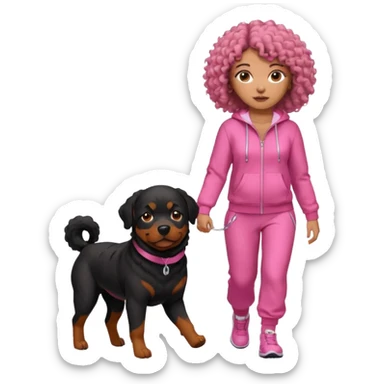 African american curly haired woman in all pink tracksuit walking big Rottweiler dog sticker