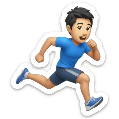 an asian man with red shirt and blue short running fast on grass land sticker