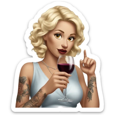 Blonde elegant women, her body covered with tattoos, wine in her one hand, pointing on you with her other hand , Hyper realistic sticker